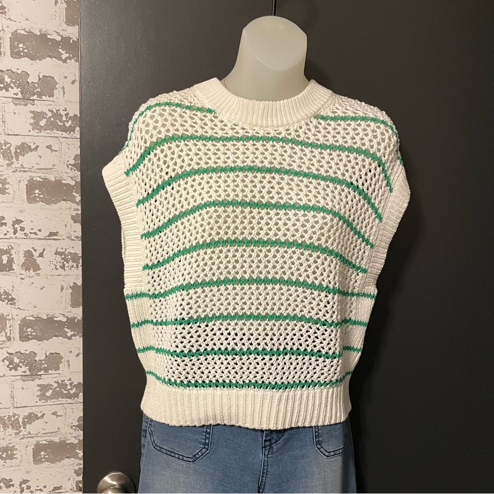 NWT Madewell Open Knit Sweater White Green stripes Cotton XS - Picture 2 of 7